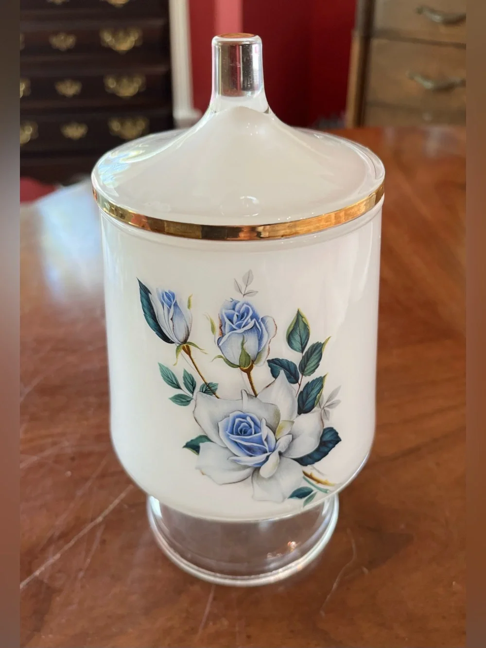 West Virginia Glass White Frosted Blue Roses Pedestal Apothecary Jar w Lid